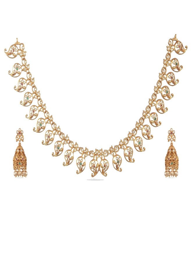 TARINIKA Antique Gold Plated Zeel Short Necklace set with Floral Design - Indian Jewelry Sets for Women | Perfect for Casual Occasions | Traditional south Indian necklace | 1 Year Warranty* - Image 1